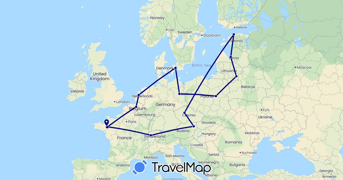 TravelMap itinerary: driving in Austria, Belgium, Switzerland, Czech Republic, Germany, Denmark, Estonia, France, Lithuania, Latvia, Netherlands, Poland (Europe)