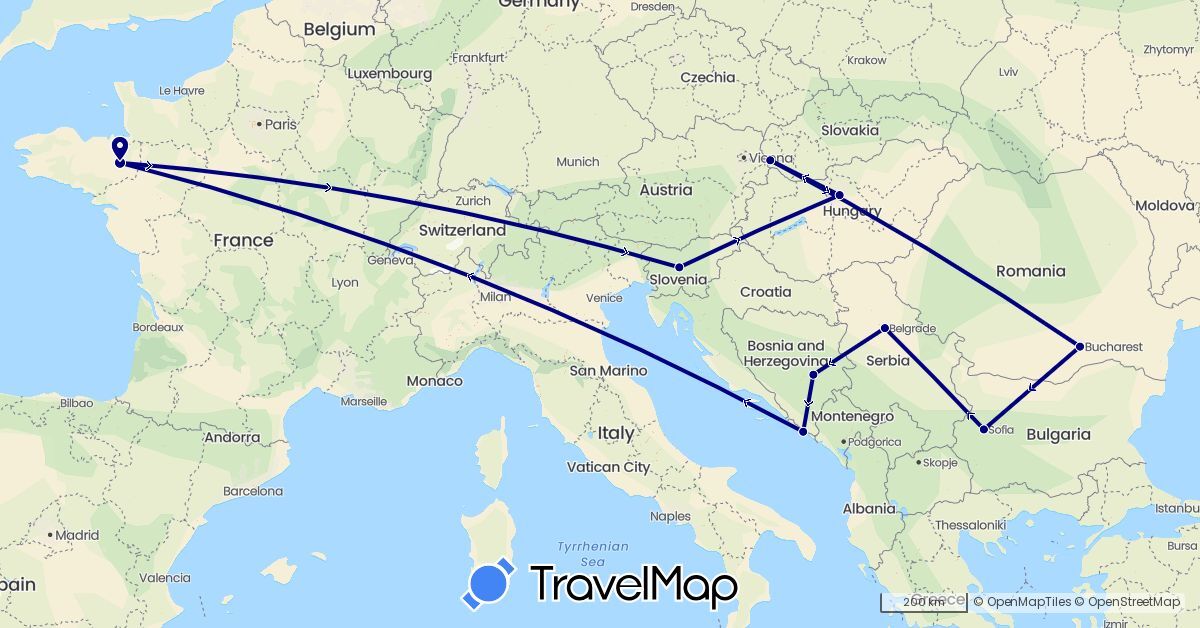 TravelMap itinerary: driving in Bosnia and Herzegovina, Bulgaria, France, Croatia, Hungary, Romania, Serbia, Slovenia, Slovakia (Europe)